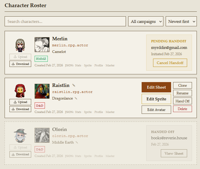 Character Roster showing Merlin, Raistlin, and Olorin with avatars, sprites, stat systems, and management tools